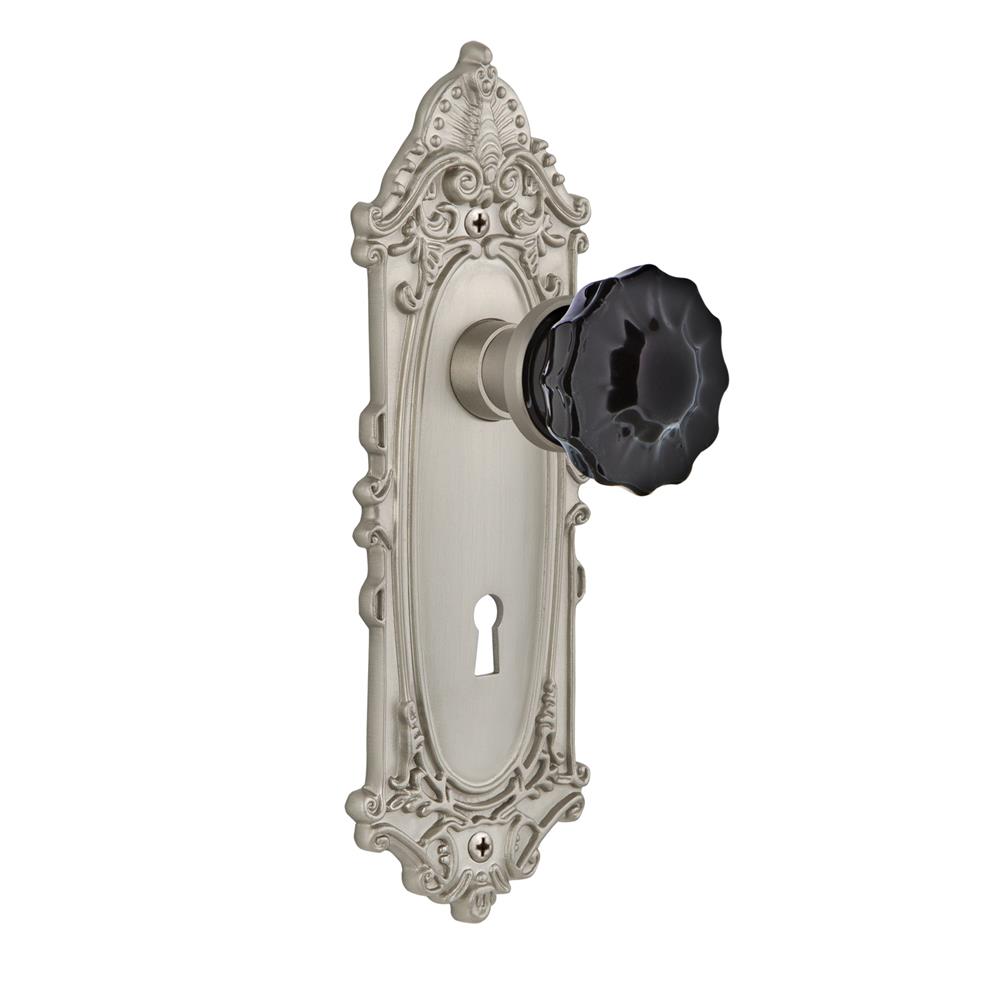 Nostalgic Warehouse VICCRB Colored Crystal Victorian Plate with Keyhole Privacy Crystal Black Glass Door Knob in Satin Nickel